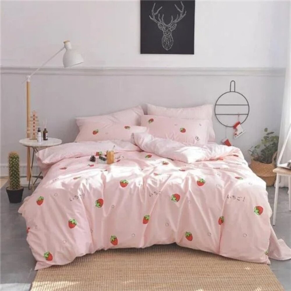 Duvet CoverSet Pure Cotton Cute Pink Anime Bedding Set 3 PCS with Zipper Closure